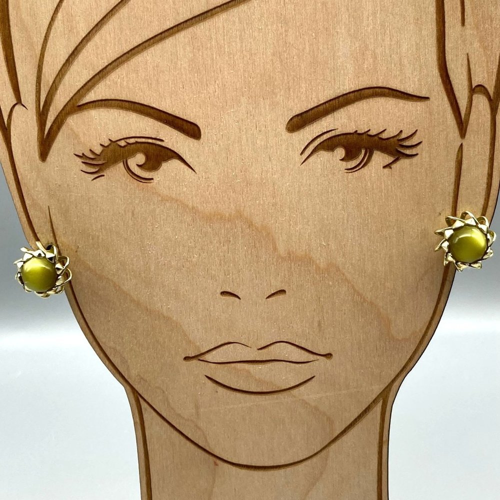 Vintage Caged Green Moonglow Earrings, Polished Gold Tone Screw Back, Unique